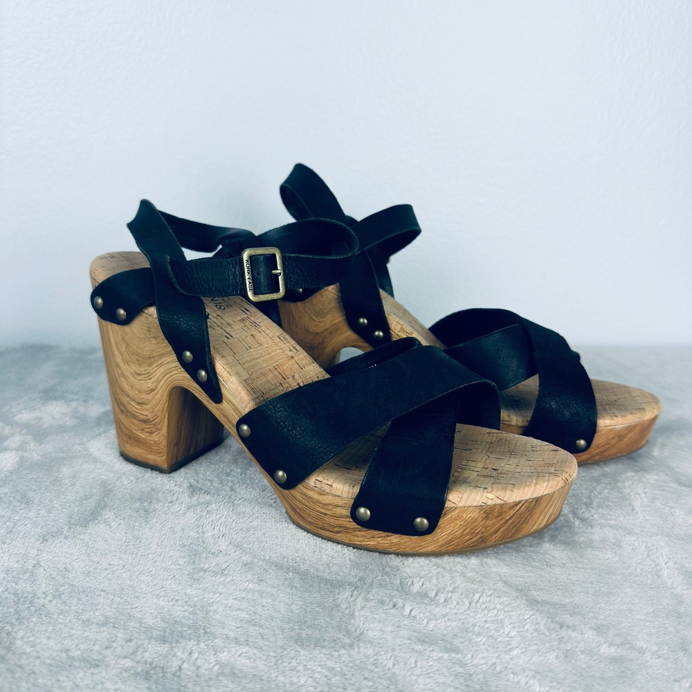 Kork-Ease Black Leather Wood Platform Clog Sandals 10M KE0012503